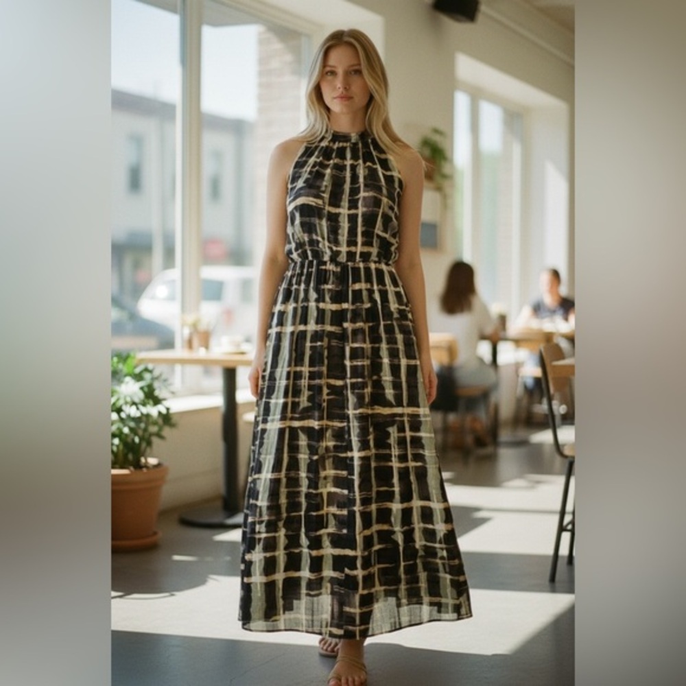 Black Cream Geometric Halter Maxi Dress High Neck Keyhole Back Workwear